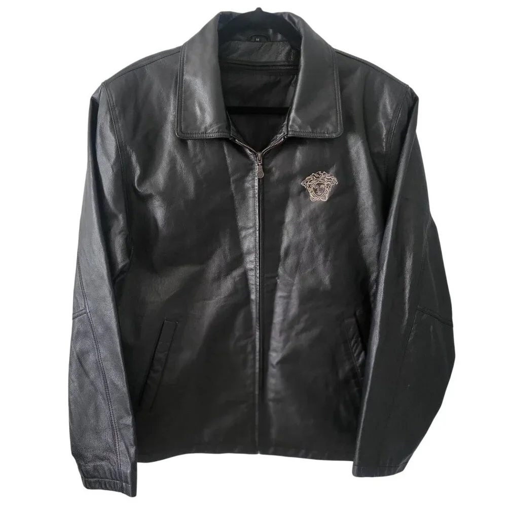 Men's Black Leather Jacket Outwear Stylish Embroidery Front & Back -M‎ - Picture 3 of 10